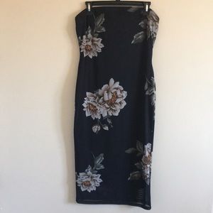 Strapless Black Floral Fitted Midi Dress Large